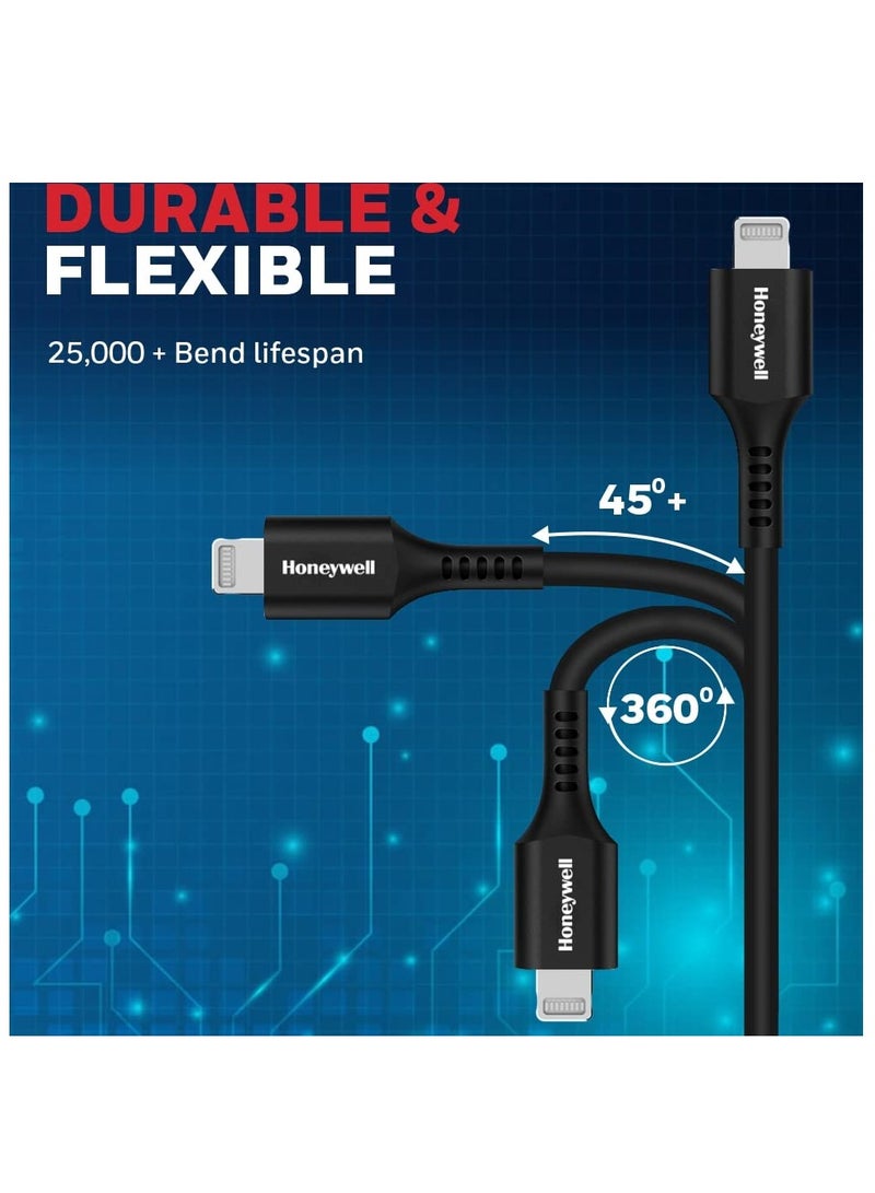 Honeywell - Type C to Lightning Cable 1.8mtr MFI Certified Compatible With iphone 14/13/12/11 Series, ipad, ipod Upto 87W PD - Black - Image 1
