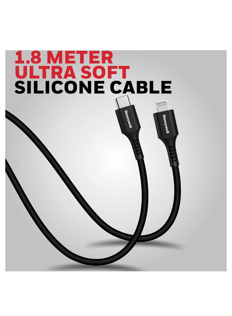Honeywell - Type C to Lightning Cable 1.8mtr MFI Certified Compatible With iphone 14/13/12/11 Series, ipad, ipod Upto 87W PD - Black - Image 1