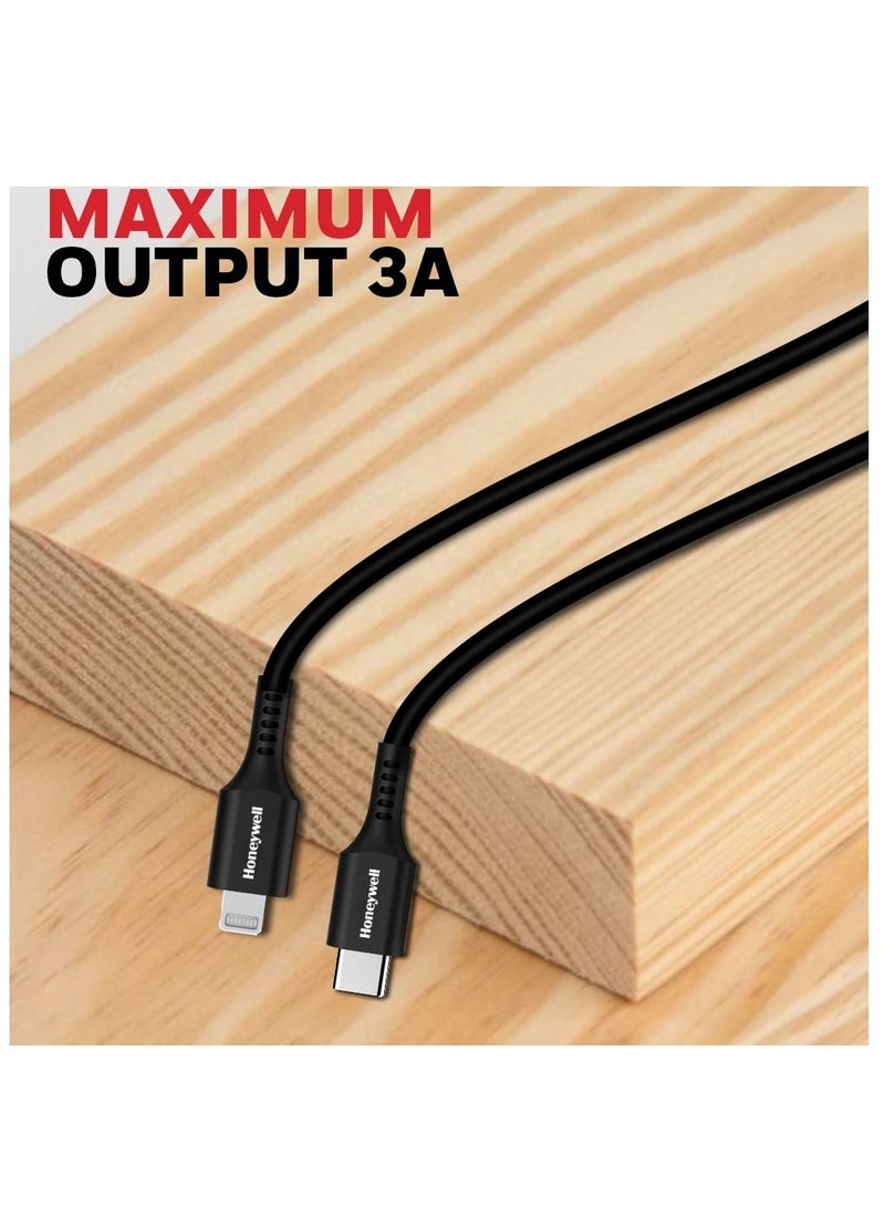 Honeywell - Type C to Lightning Cable 1.8mtr MFI Certified Compatible With iphone 14/13/12/11 Series, ipad, ipod Upto 87W PD - Black - Image 1