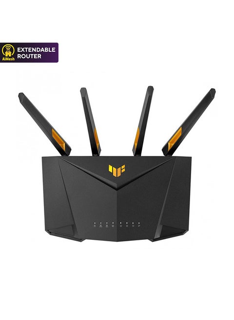 راوتر ألعاب TUF Gaming AX3000 V2 ثنائي النطاق WiFi 6 مع وضع الألعاب المحمولة، نطاقات 2.4 جيجا هرتز / 5 جيجا هرتز، سرعة تصل إلى 3000 ميجابت في الثانية، منفذ 2.5 جيجابت في الثانية، Wi-Fi 6، AiProtection Pro Network Security، 90IG0790-MU9B00 أسود
