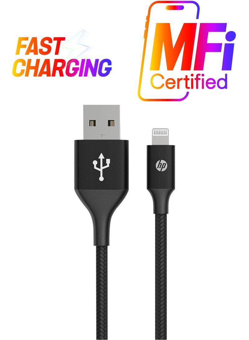 HP Braided Nylon 2.4A Fast Charging USB-A To Lightning Cable MFi Certified 2M Black  - Image 1