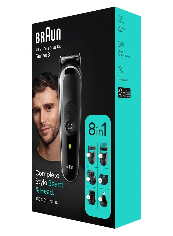 BRAUN 8 In 1 Style Kit With 3 Ultra-Sharp Metal Blades, Ni-MH Battery, Wet And Dry - MGK 3440 Black