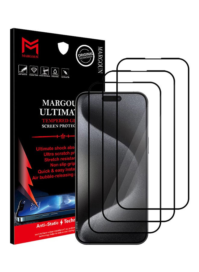 مارجون 3 Pack For iPhone 15 Pro Screen Protector Scratch And Shatter Resistant Anti Bubble HD Glass Clear - Image 1
