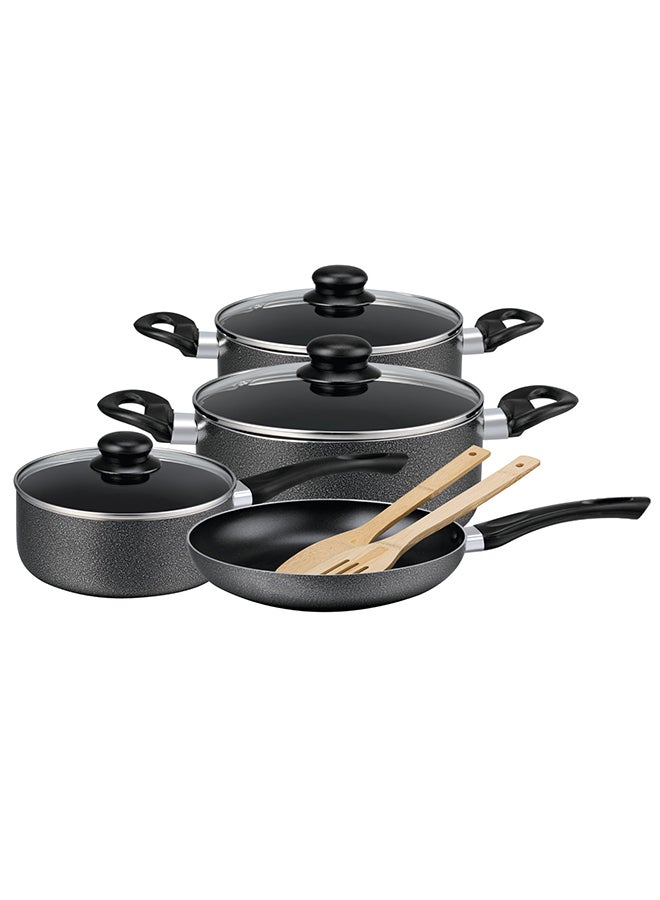 Royalford 9pcs Non-Stick Cookware Set RF11642 Aluminum Body With 3-Layer Construction, CD Bottom, Bakelite Handles And Glass Lid BLACK 3.8kg 