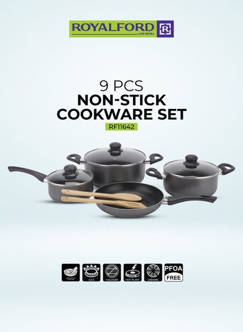 9pcs Non-Stick Cookware Set RF11642 Aluminum Body With 3-Layer Construction, CD Bottom, Bakelite Handles And Glass Lid BLACK 3.8kg