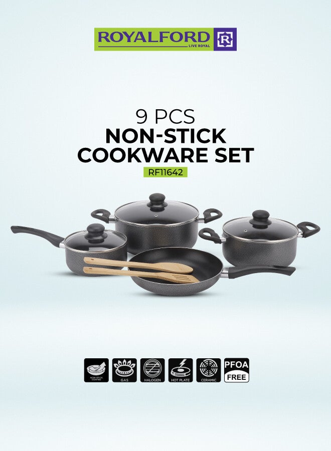 Royalford 9pcs Non-Stick Cookware Set RF11642 Aluminum Body With 3-Layer Construction, CD Bottom, Bakelite Handles And Glass Lid BLACK 3.8kg - Image 1