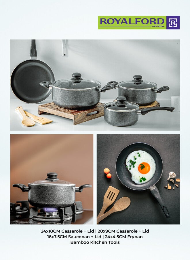 Royalford 9pcs Non-Stick Cookware Set RF11642 Aluminum Body With 3-Layer Construction, CD Bottom, Bakelite Handles And Glass Lid BLACK 3.8kg - Image 5