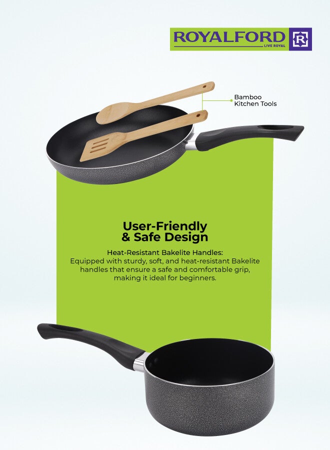 Royalford 9pcs Non-Stick Cookware Set RF11642 Aluminum Body With 3-Layer Construction, CD Bottom, Bakelite Handles And Glass Lid BLACK 3.8kg - Image 3