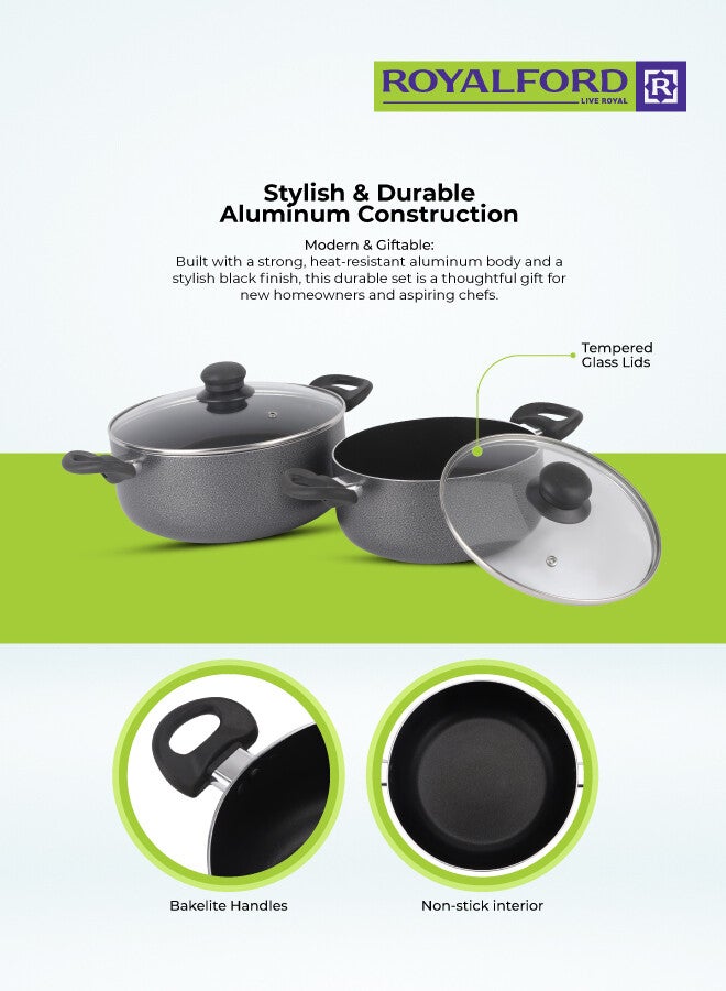 Royalford 9pcs Non-Stick Cookware Set RF11642 Aluminum Body With 3-Layer Construction, CD Bottom, Bakelite Handles And Glass Lid BLACK 3.8kg - Image 2