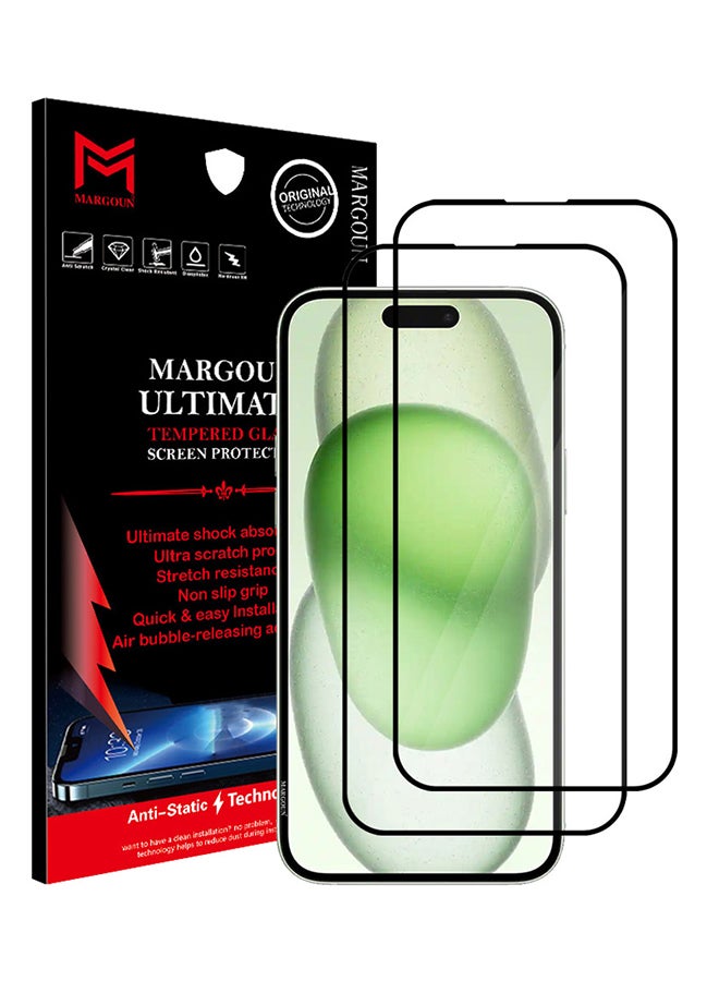 مارجون 2 Pack For iPhone 15 Screen Protector Scratch And Shatter Resistant Anti Bubble HD Glass Clear - Image 1