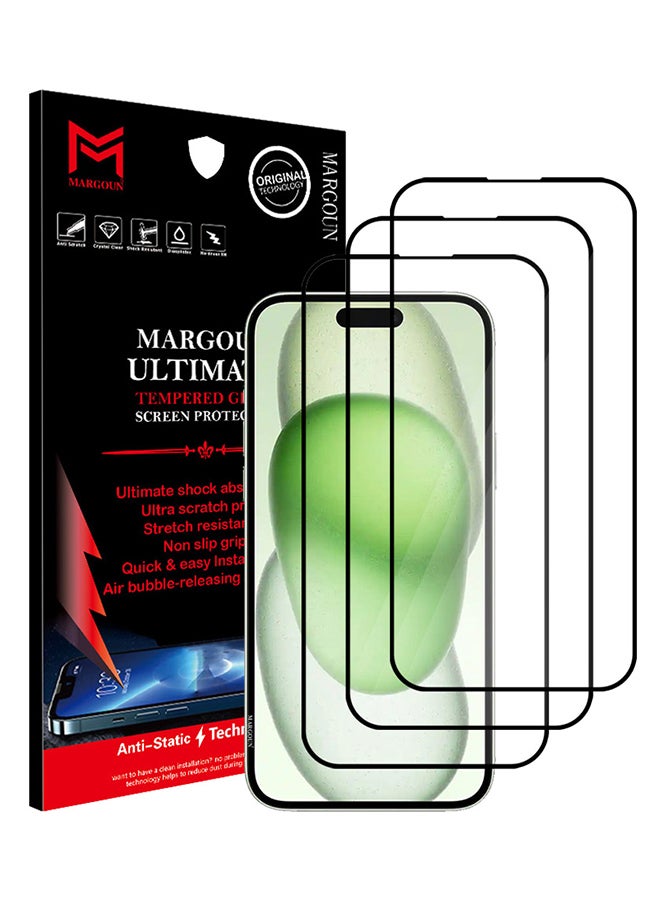 MARGOUN 3 Pack For iPhone 15 Screen Protector Scratch And Shatter Resistant Anti Bubble HD Glass Clear  - Image 1