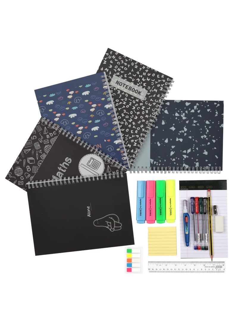 LOWHA - Set of 5 Spiral Notebooks for School, 60 Sheets with Hard Paper Covers for Maths, Alphabet and Other Assorted Designs Multicolour - Image 1