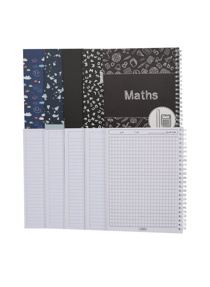LOWHA - Set of 5 Spiral Notebooks for School, 60 Sheets with Hard Paper Covers for Maths, Alphabet and Other Assorted Designs Multicolour - Image 1