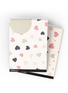 LOWHA Set Of 2 Spiral Notepads, Each With 50 Sheets And A Hard Paper Cover With Hearts And Circles Design, For Jotting Notes And Reminders, For Work, University, School White/Pink/Black  - Image 1