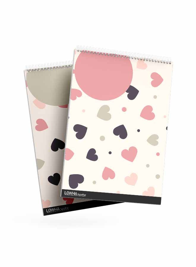 LOWHA - Set Of 2 Spiral Notepads, Each With 50 Sheets And A Hard Paper Cover With Hearts And Circles Design, For Jotting Notes And Reminders, For Work, University, School White/Pink/Black - Image 1