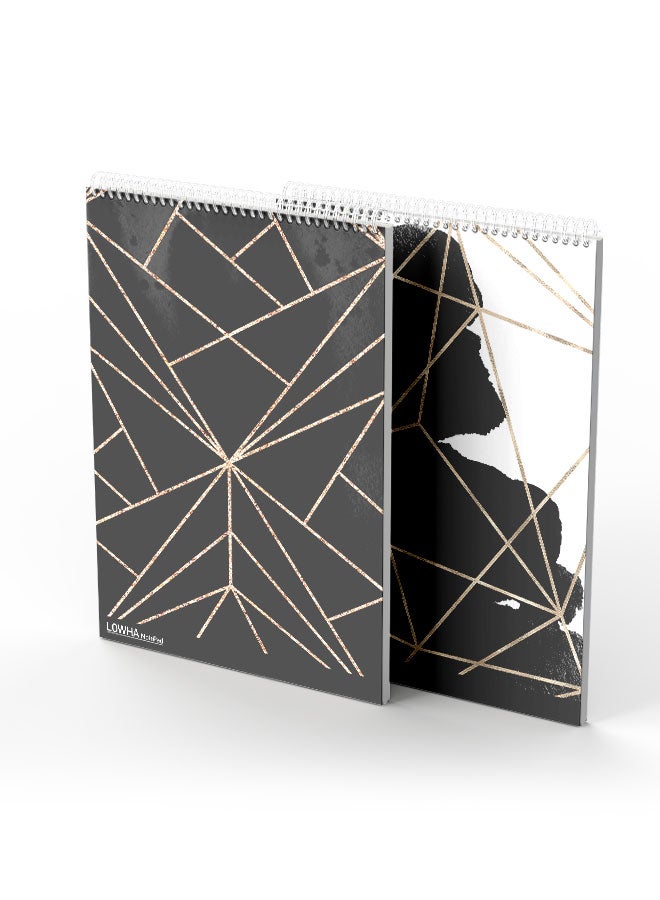 LOWHA Set Of 2 Spiral Notepads Each With 50 Sheets And A Hard Paper Cover With Overlapping Lines Design Black/White/Gold - Image 2