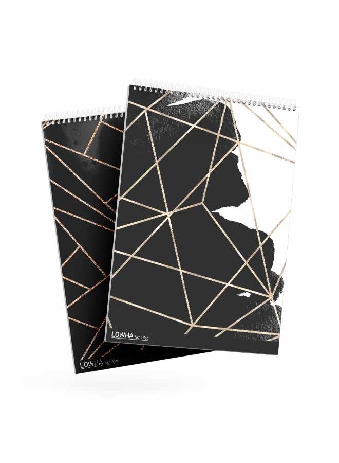 LOWHA Set Of 2 Spiral Notepads Each With 50 Sheets And A Hard Paper Cover With Overlapping Lines Design Black/White/Gold - Image 3