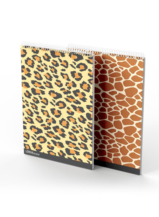 LOWHA Set Of 2 Spiral Notepads, Each With 50 Sheets And A Hard Paper Cover With Leopard Skin Design Orange/White/Black - Image 2