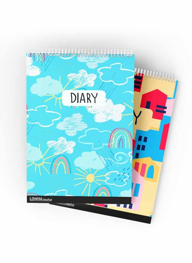 LOWHA Set Of 2 Spiral Notepads, Each With 50 Sheets And A Hard Paper Cover With Colorful Drawing Design Multicolor - Image 1