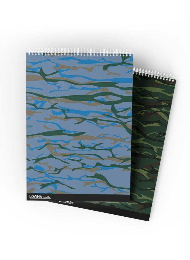 LOWHA Set Of 2 Spiral Notepads, Each With 50 Sheets And A Hard Paper Cover With Camouflage Design Blue/Brown/Green - Image 1