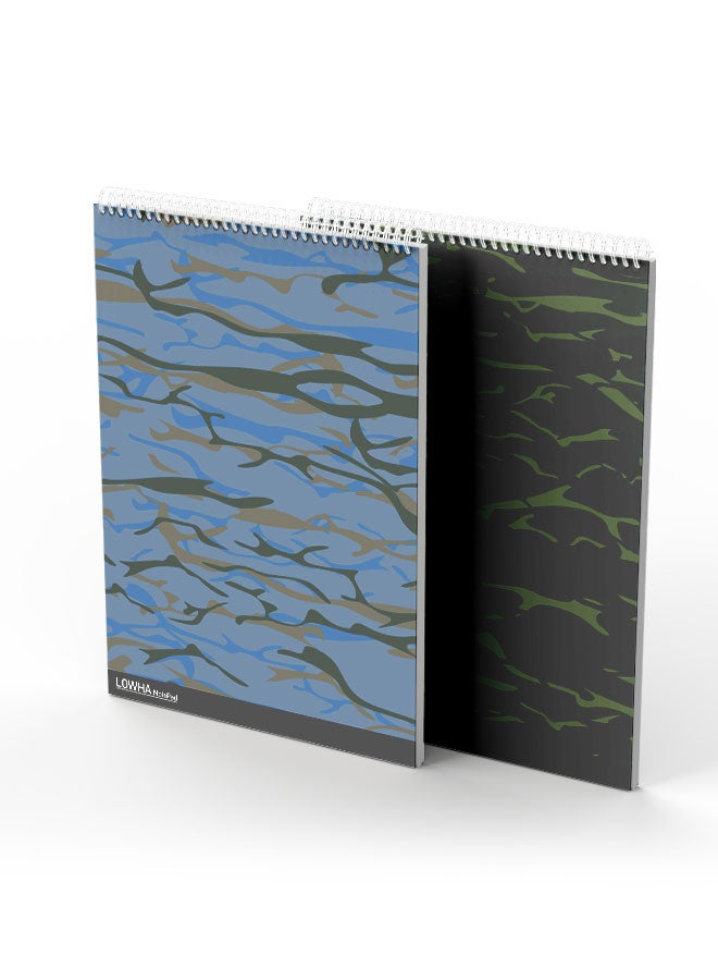 LOWHA Set Of 2 Spiral Notepads, Each With 50 Sheets And A Hard Paper Cover With Camouflage Design Blue/Brown/Green - Image 3