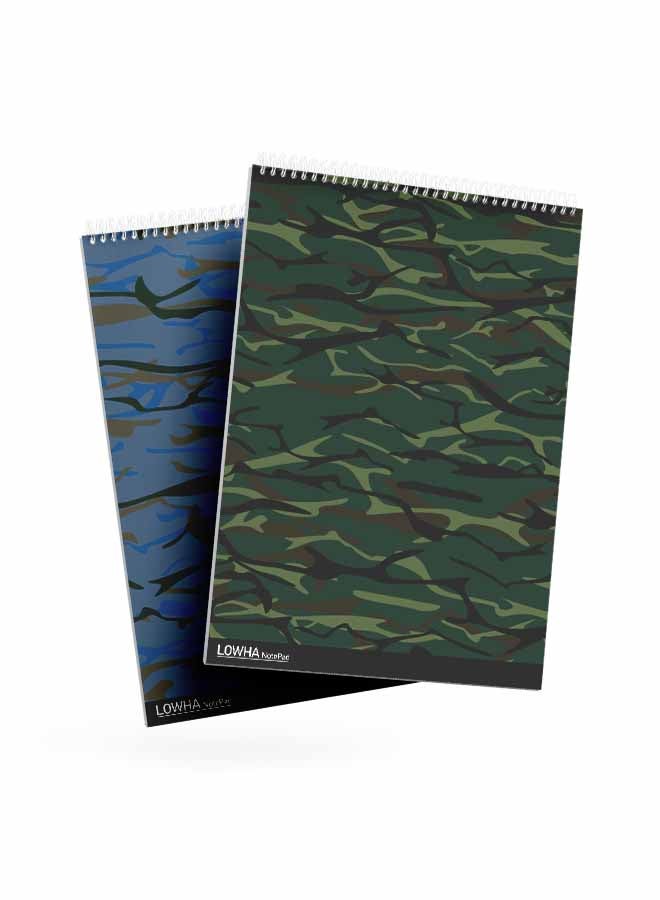 LOWHA Set Of 2 Spiral Notepads, Each With 50 Sheets And A Hard Paper Cover With Camouflage Design Blue/Brown/Green - Image 2