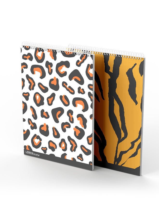 LOWHA Set Of 2 Spiral Notepads Each With 50 Sheets And A Hard Paper Cover With Tiger Skin Design White/Black/Brown - Image 2
