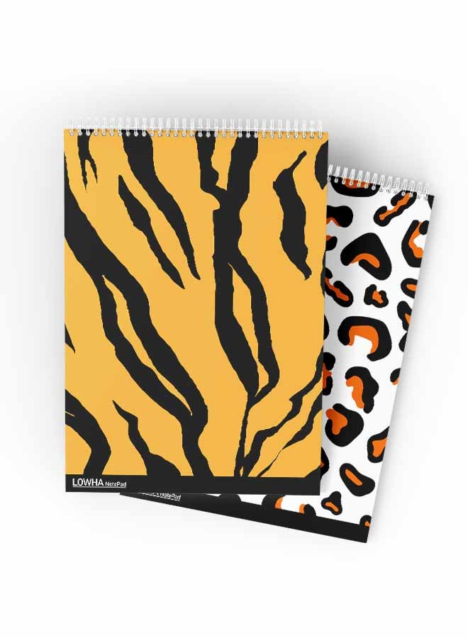 LOWHA Set Of 2 Spiral Notepads Each With 50 Sheets And A Hard Paper Cover With Tiger Skin Design White/Black/Brown - Image 1