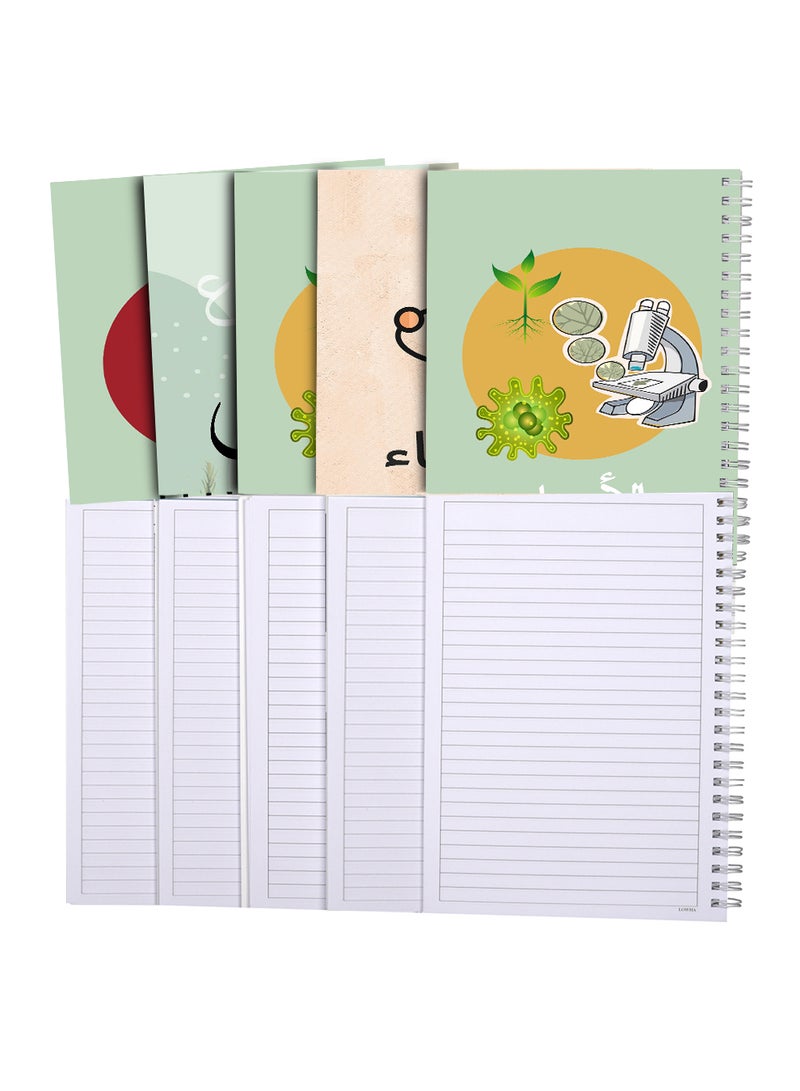 LOWHA - Set of 5 Spiral Notebooks for School, 60 Sheets with Hard Paper Covers for Arabic, Science, Chemistry, Physics, Biology with a Set of School Supplies Multicolour - Image 1