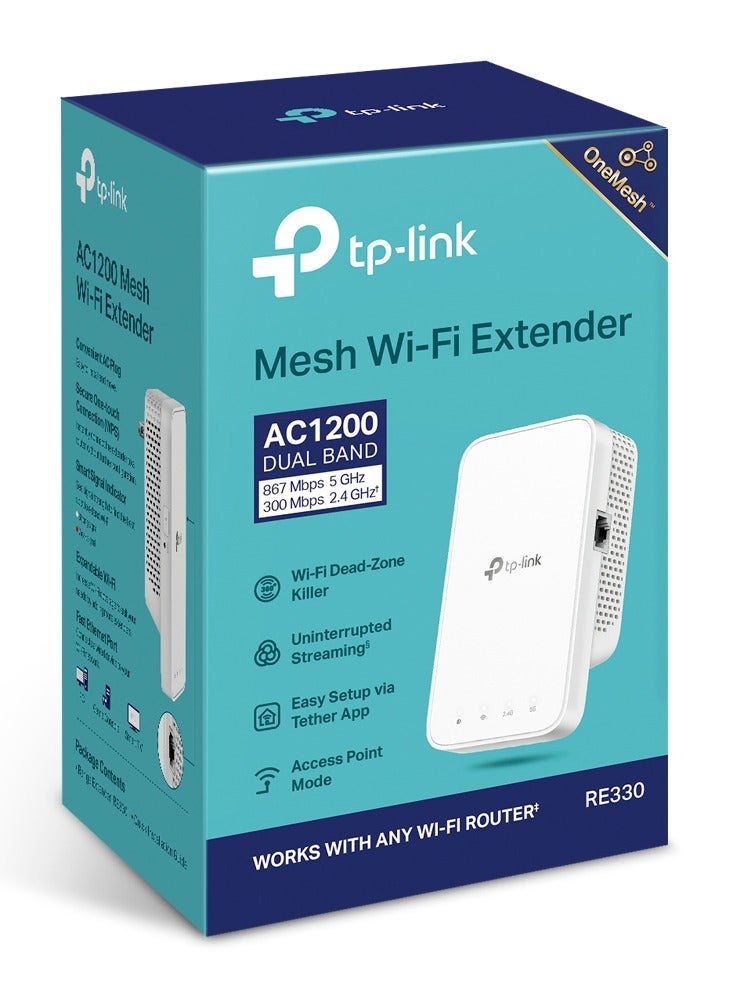 TP-LINK - AC1200 Mesh Dual Band Wi-Fi Range Extender, Broadband/Booster/Hotspot 1 Ethernet Port, Built-In Access Point Mode, Works with Any Wi-Fi Router, UK Plug (RE330) White - Image 1