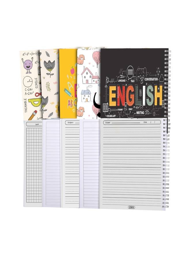 LOWHA - Set of 5 Spiral Notebooks for School, 60 Sheets with Hard Paper Covers for Arabic, English, Math with a Set of School Supplies Multicolour - Image 1