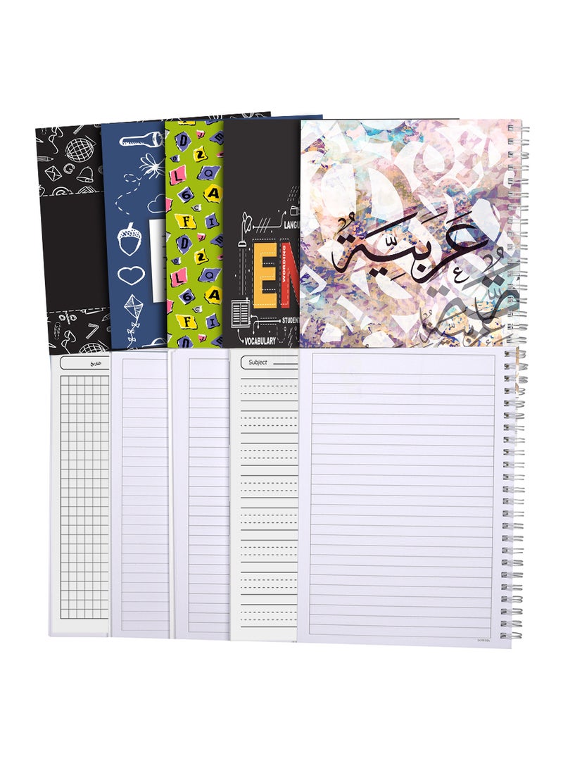 لوحة مجموعة من 5 دفاتر ملاحظات للمدرسة، 60 ورقة مع أغلفة ورقية صلبة للغة العربية، الإنجليزية، الرياضيات مع مجموعة من مستلزمات المدرسة بألوان متعددة - Image 3