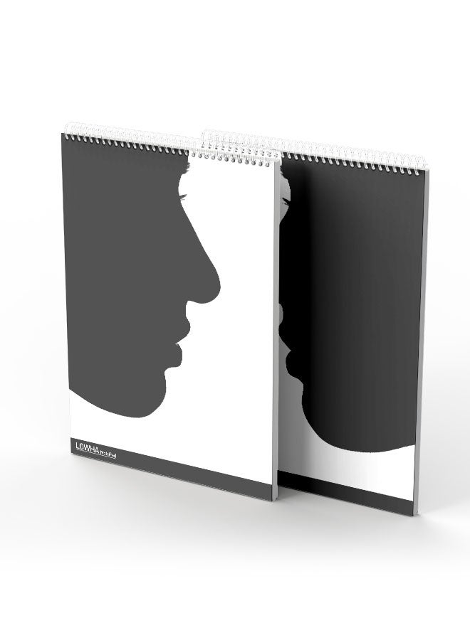 LOWHA Set Of 2 Spiral Notepads, Each With 50 Sheets And A Hard Paper Cover With Face Design, For Jotting Notes And Reminders, For Work, University, School Black/White - Image 1