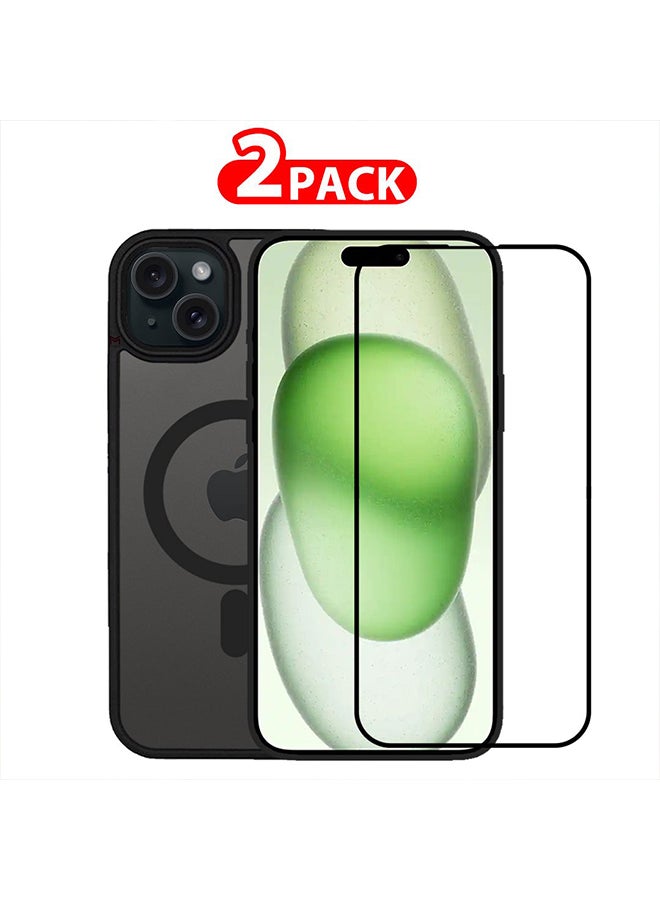 MARGOUN 2 Packs For iPhone 15 Back Full Camera Protection And Reinforced Corners Scratch Resistant Cover Support Magnetic Charging Transparent Body Black - Image 1