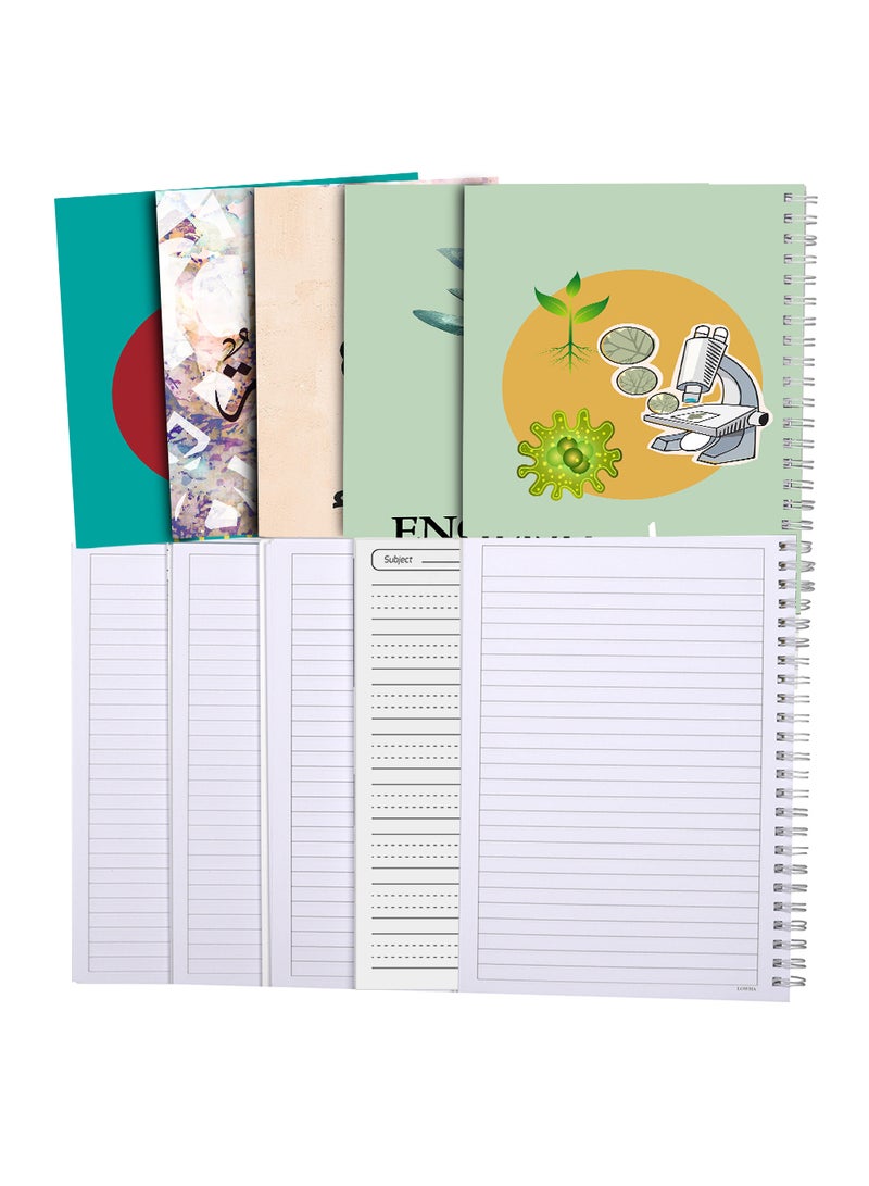 LOWHA - Set of 5 Spiral Notebooks for School, 60 Sheets with Hard Paper Covers for Arabic, English, Science, Chemistry, Physics with a Set of School Supplies Multicolour - Image 1