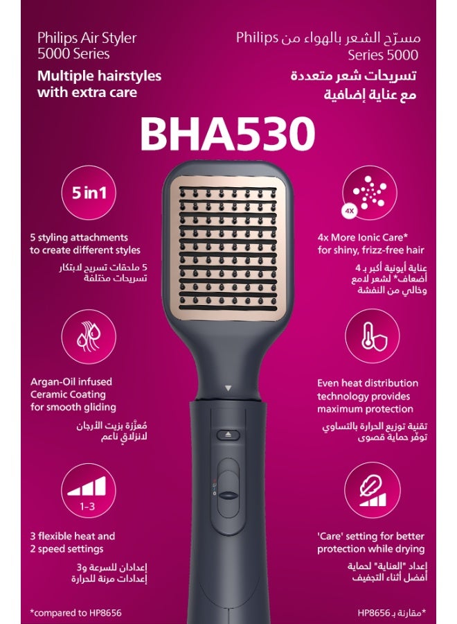 Philips 5000 Series Air Styler BHA530/03|1000W|5-in-1 Dryer & Styler (Nozzle, Retractable bristle brush,38mm Thermobrush,Paddle straightening brush,Volumizer)|Ionic care|Argan-oil infused brush Black - Image 2