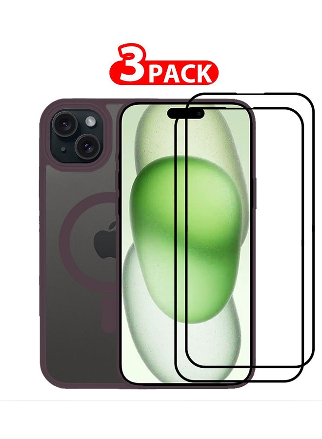 مارجون 3 Packs For iPhone 15 Plus Back Full Camera Protection And Reinforced Corners Scratch Resistant Cover Support Magnetic Charging Transparent Body Purple - Image 1