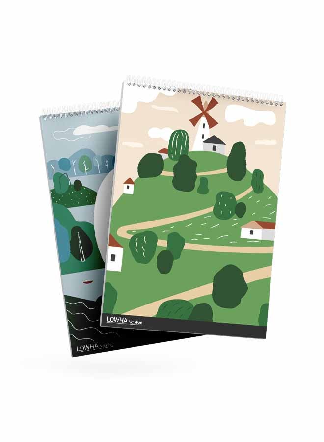 LOWHA Set Of 2 Spiral Notepads Each With 50 Sheets And A Hard Paper Cover With Green Spaces And Homes Design Green/Brown/White/Black/Blue - Image 1