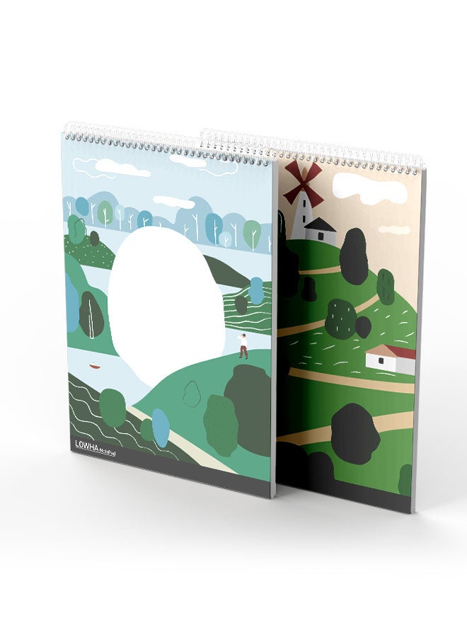 LOWHA Set Of 2 Spiral Notepads Each With 50 Sheets And A Hard Paper Cover With Green Spaces And Homes Design Green/Brown/White/Black/Blue - Image 2