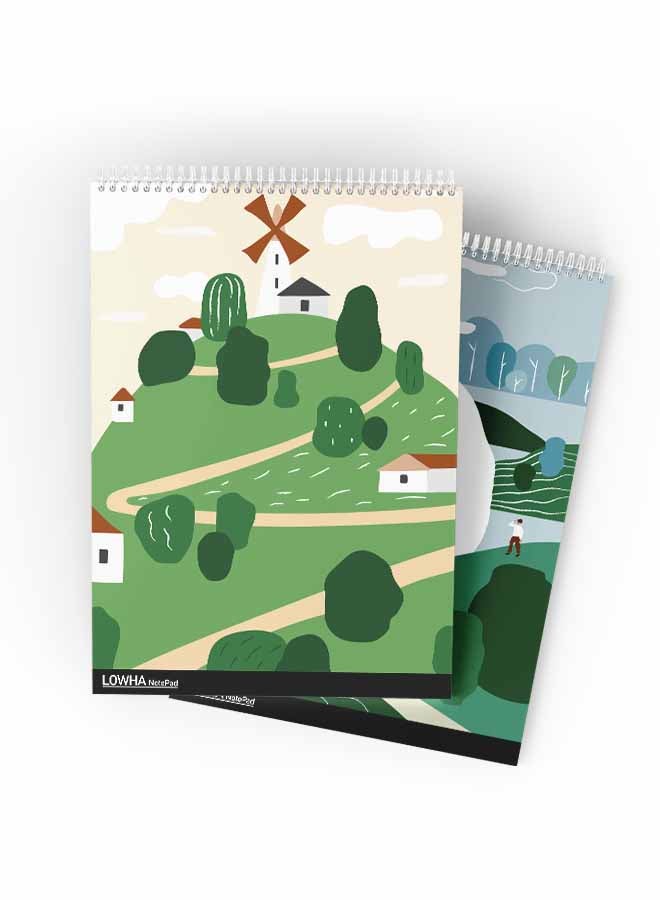 LOWHA Set Of 2 Spiral Notepads Each With 50 Sheets And A Hard Paper Cover With Green Spaces And Homes Design Green/Brown/White/Black/Blue - Image 3