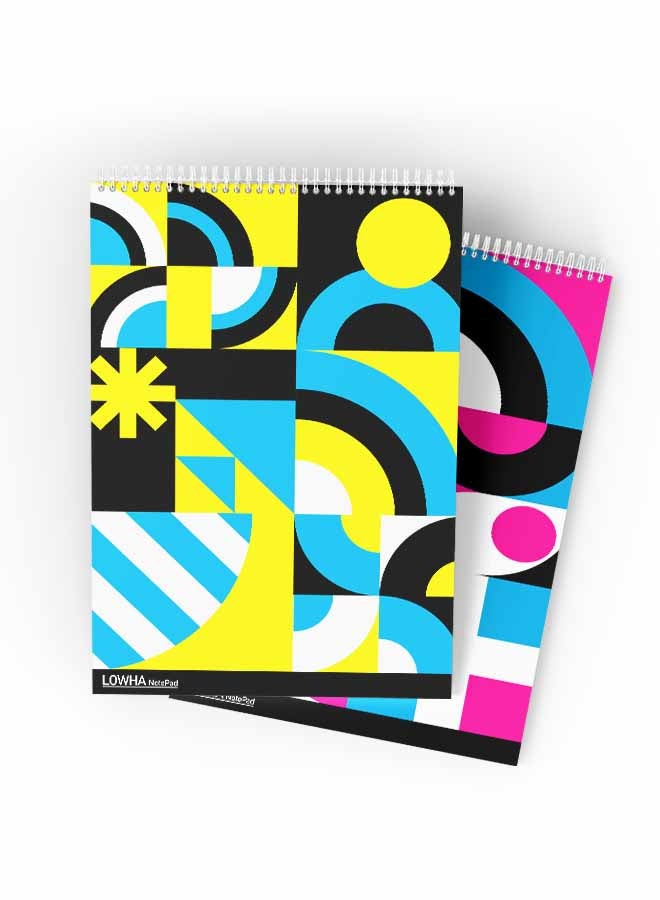 LOWHA Set Of 2 Spiral Notepads Each With 50 Sheets And A Hard Paper Cover With Various Intertwined Shapes Design Yellow/Blue/Black/Pink/White - Image 1