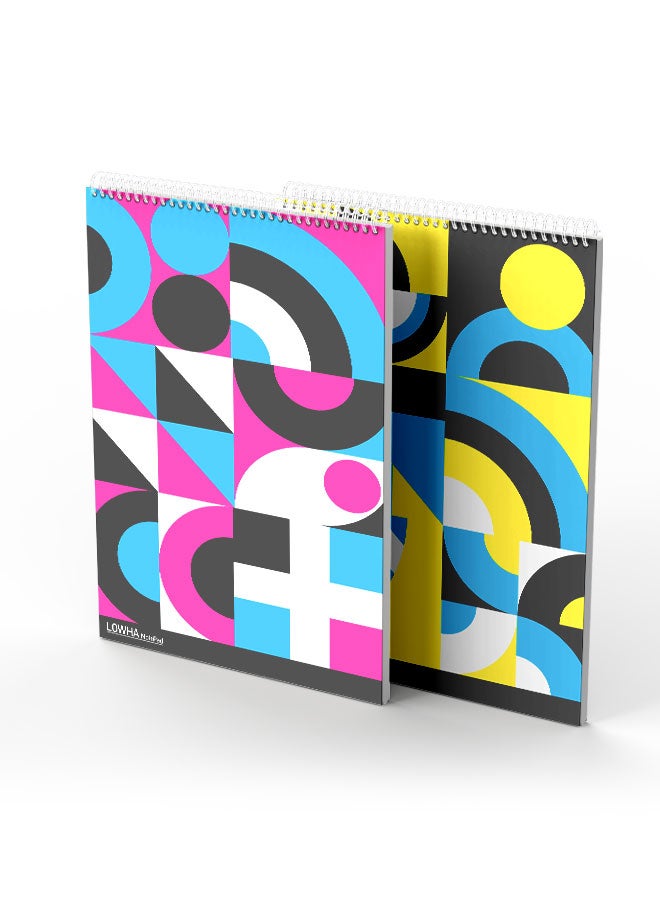 LOWHA Set Of 2 Spiral Notepads Each With 50 Sheets And A Hard Paper Cover With Various Intertwined Shapes Design Yellow/Blue/Black/Pink/White - Image 2