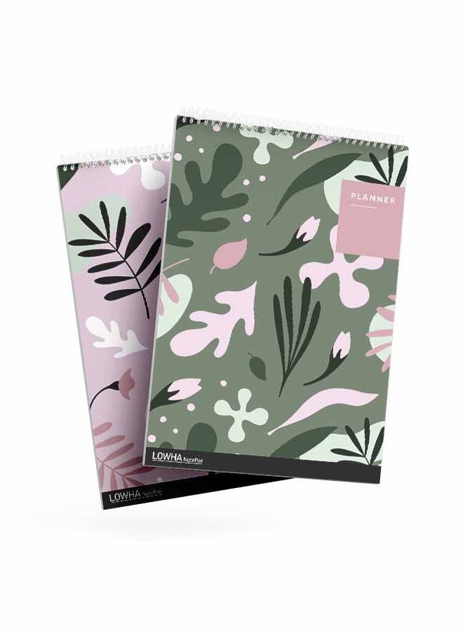 LOWHA Set Of 2 Spiral Notepads Each With 50 Sheets And A Hard Paper Cover With Plant Leaves Design Green/Pink - Image 1