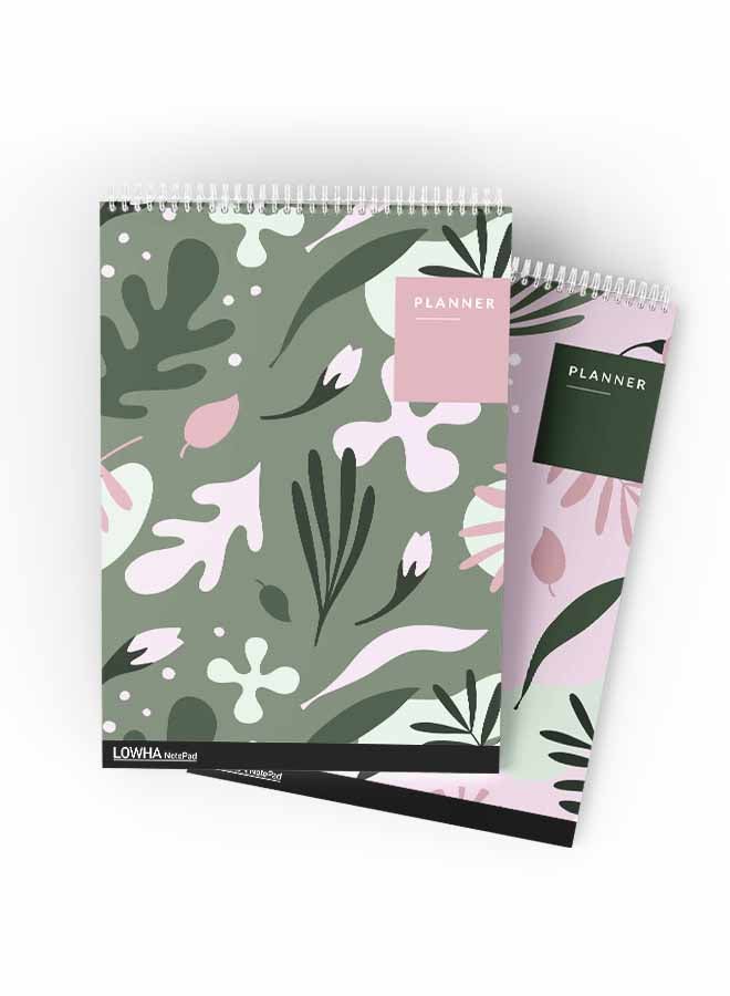 LOWHA Set Of 2 Spiral Notepads Each With 50 Sheets And A Hard Paper Cover With Plant Leaves Design Green/Pink - Image 3