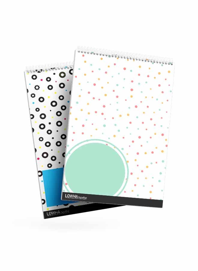 LOWHA Set Of 2 Spiral Notepads Each With 50 Sheets And A Hard Paper Cover With Dots And Circles Design White/Pink/Orange/Pink/Black/Blue - Image 1