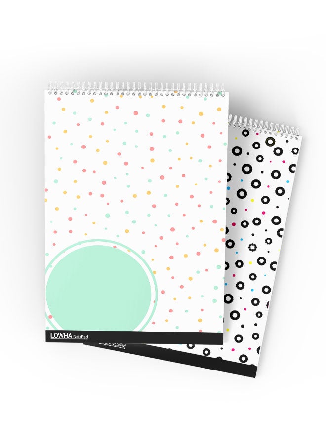 LOWHA Set Of 2 Spiral Notepads Each With 50 Sheets And A Hard Paper Cover With Dots And Circles Design White/Pink/Orange/Pink/Black/Blue - Image 3