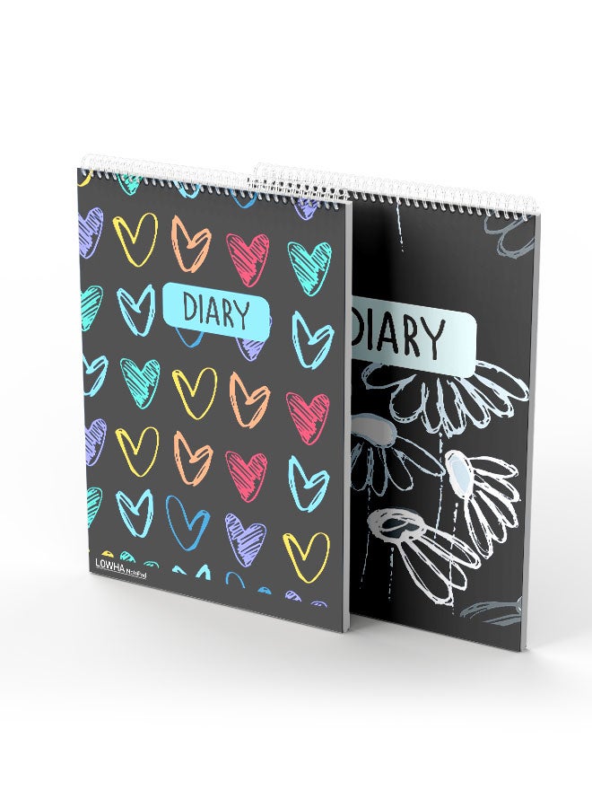 LOWHA - Set Of 2 Spiral Notepads Each With 50 Sheets And A Hard Paper Cover With Colorful Hearts And Roses Design Multicolor - Image 1