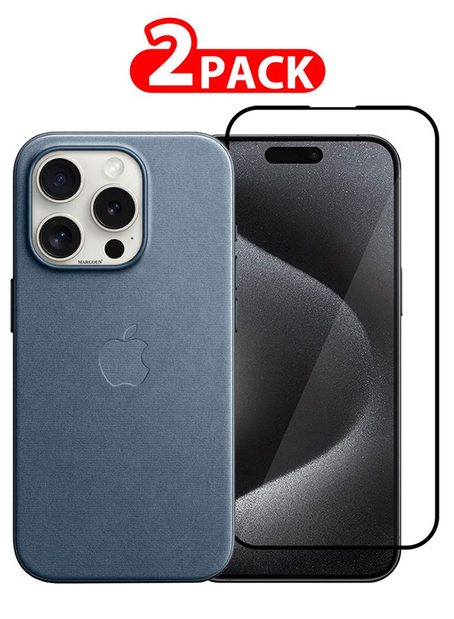 MARGOUN 2 Packs For iPhone 15 Pro Case And Screen Protector Fine Woven Case With MagSafe Durable And Heavy Protection Blue - Image 1