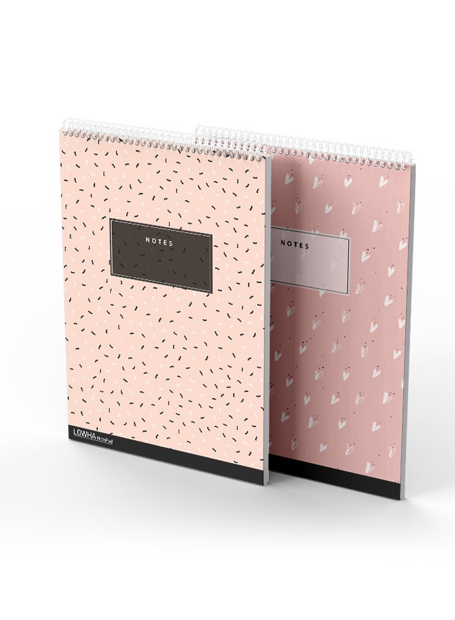 LOWHA Set Of 2 Spiral Notepads Each With 50 Sheets And A Hard Paper Cover With Small Lines And Hearts Design For Pink/Black/White - Image 3