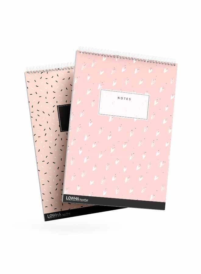 LOWHA Set Of 2 Spiral Notepads Each With 50 Sheets And A Hard Paper Cover With Small Lines And Hearts Design For Pink/Black/White - Image 2